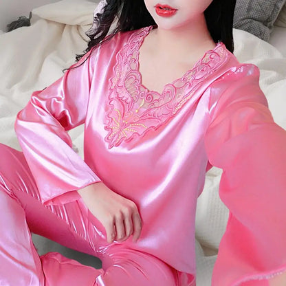 2 Pcs Long Sleeve V-Neck Lace Nightie Two-Piece Sleepwear