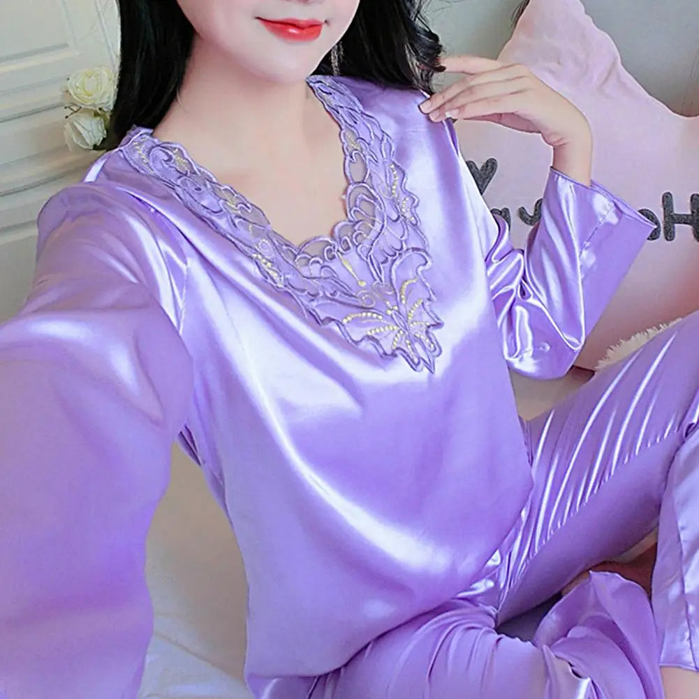 2 Pcs Long Sleeve V-Neck Lace Nightie Two-Piece Sleepwear