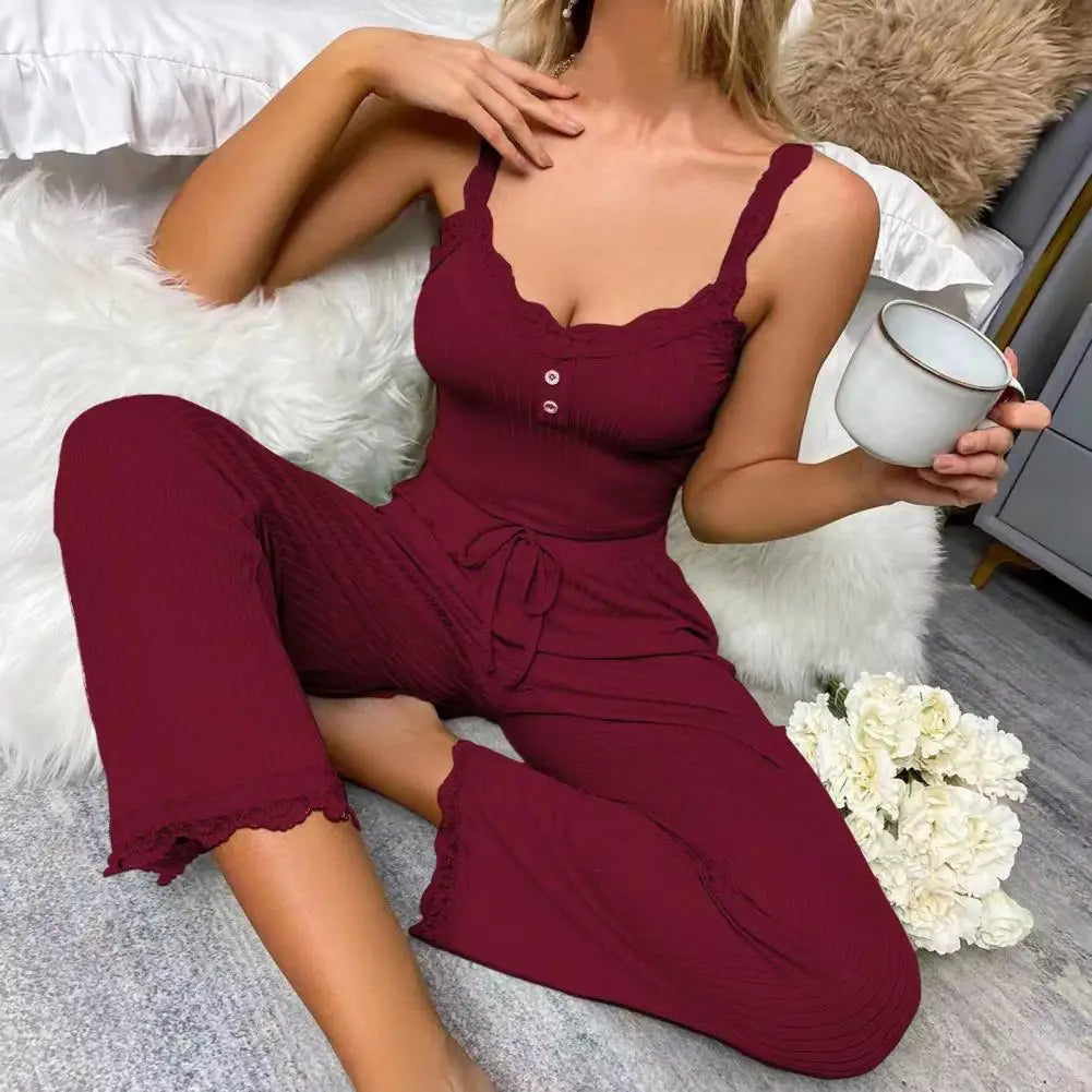 2 PCS/Set Women's Suit Lace V Neck Drawstring Pajamas